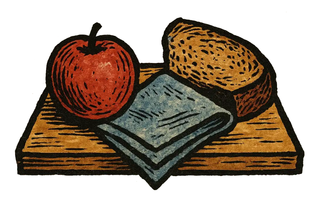 A humble lunch: an apple, bread, a napkin, printed like a holy object