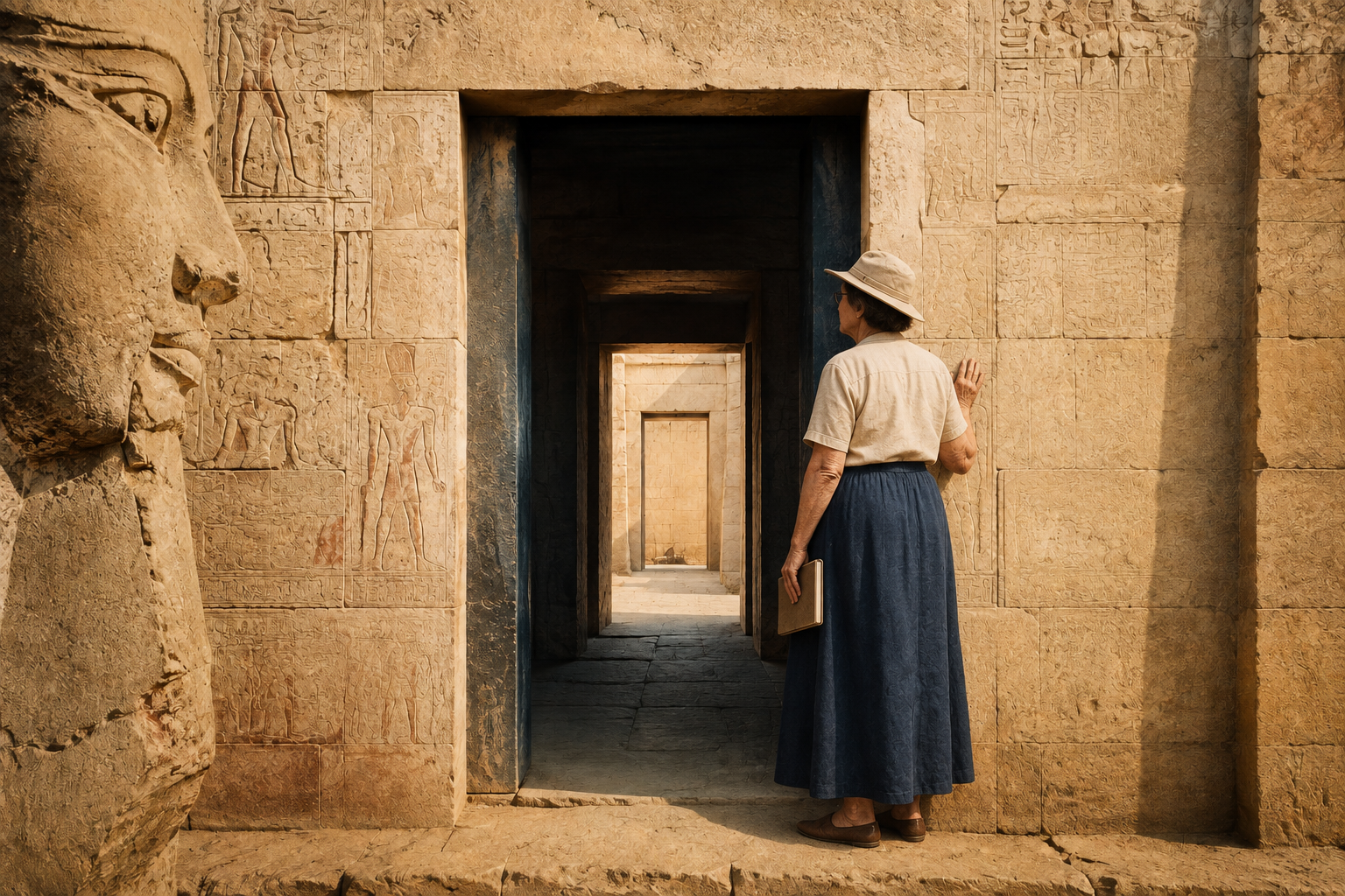 An imagined Omm Sety rests a hand on the carved stone of a temple doorway.