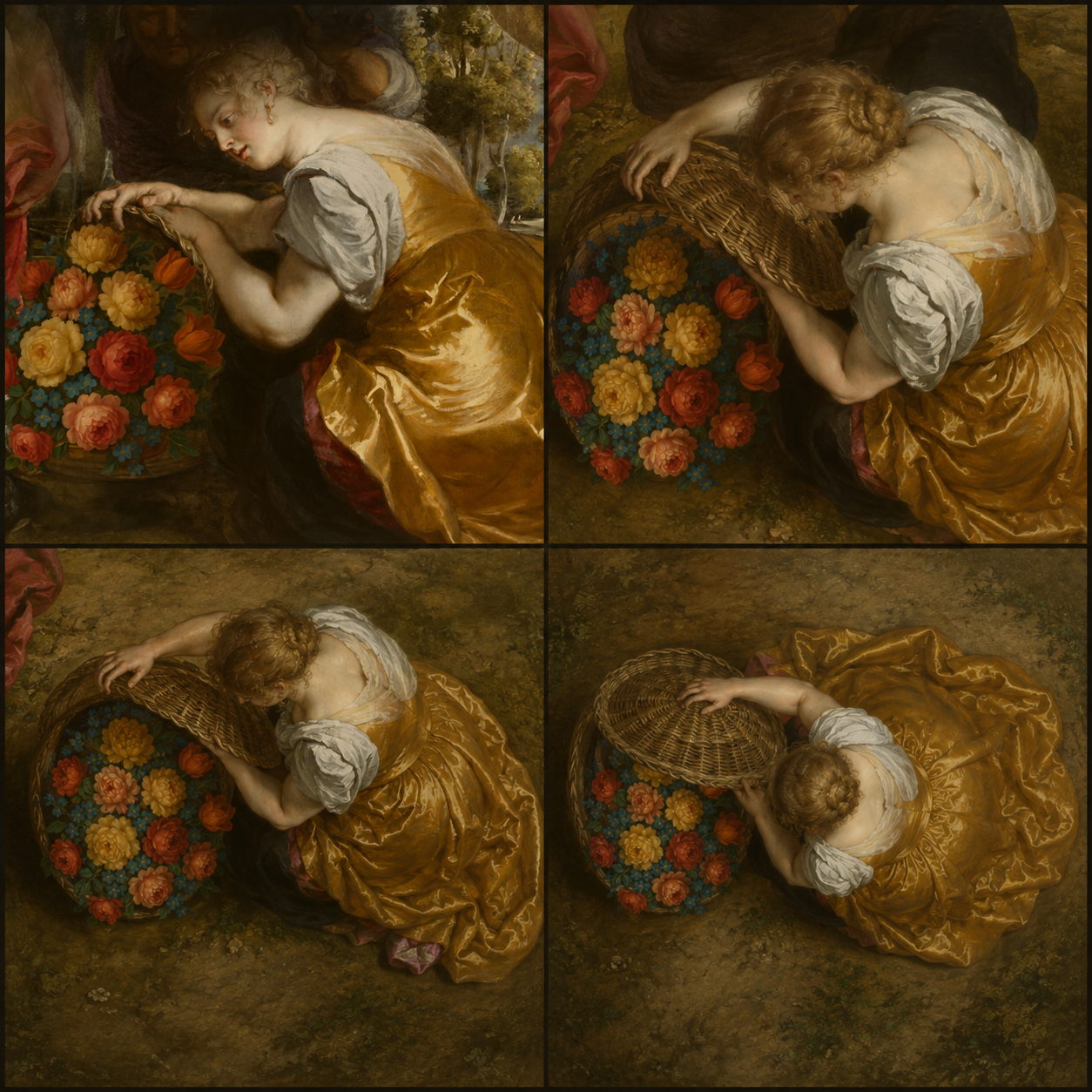 Four imagined views of the same flower-filled basket and the woman lifting its lid: front, over her shoulder, steeply above, and almost vertically overhead.