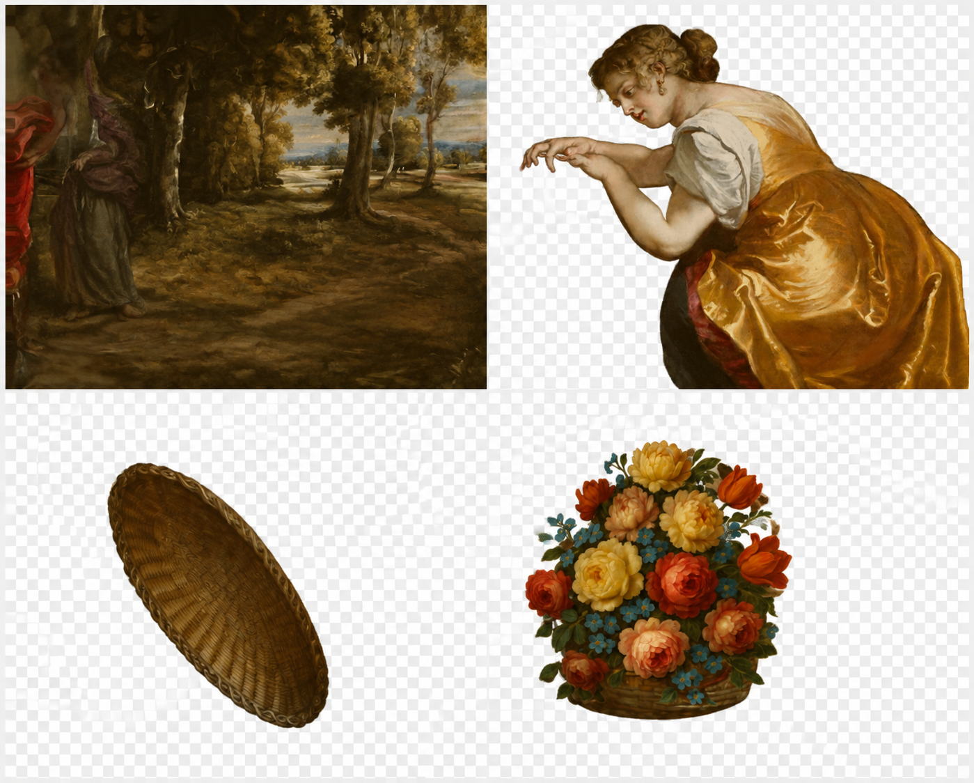 A concept sheet separates the painted environment, the woman with both arms, the wicker lid, and the basket of flowers. The checkerboard is painted into this image; these are not transparent production cutouts.