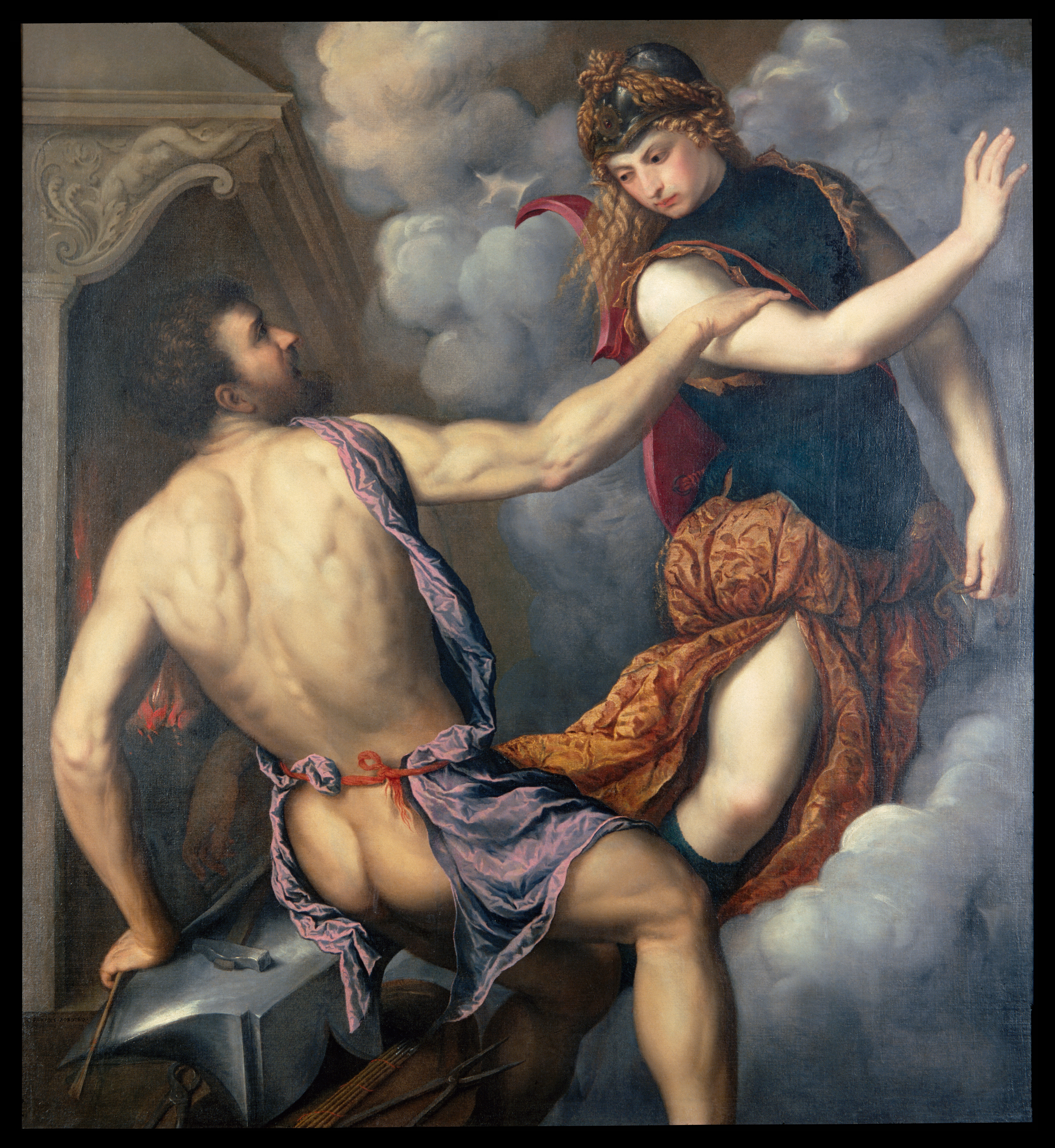 The complete painting, Athena Scorning the Advances of Hephaestus, by Paris Bordone, about 1555–60.