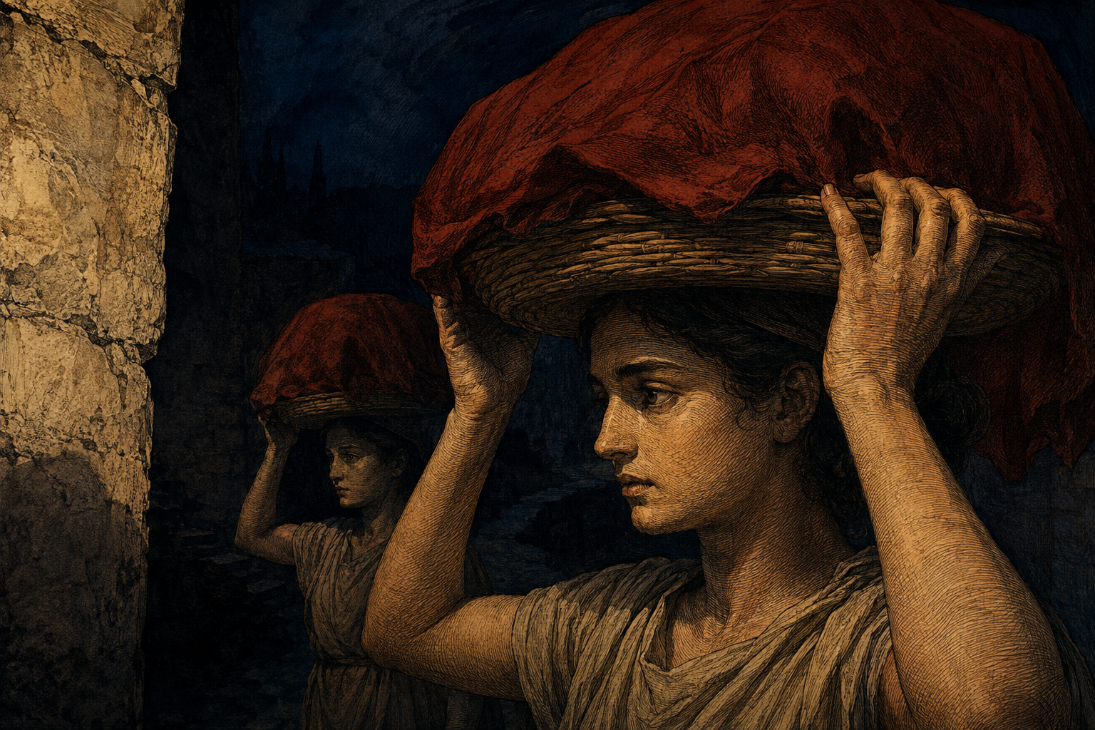 An imagined close view of a girl supporting a covered basket above her head.
