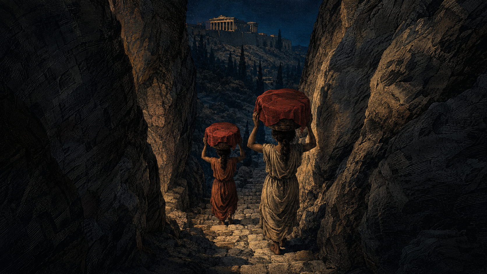 An imagined view of two girls descending between enclosing rock faces with covered baskets.