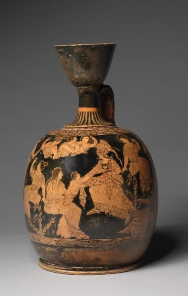 An Attic red-figure lekythos. On its body, seated Ge offers the child Erichthonios to Athena.