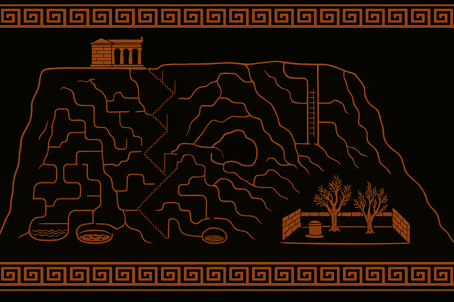 Generated pottery-style cross-section of the Acropolis with a temple, a warren of passages and a garden; two figures carry sealed baskets along the route