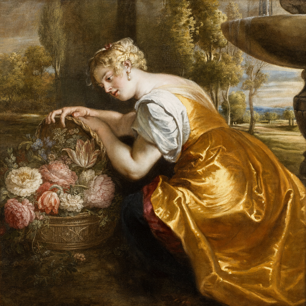 Generated reconstruction: a girl holding a basket of blossoms