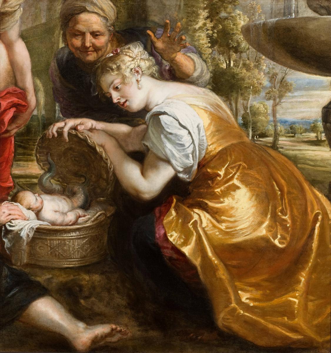 Surviving Rubens fragment: an infant with serpent legs, a nurse, and other figures' limbs appear around the girl